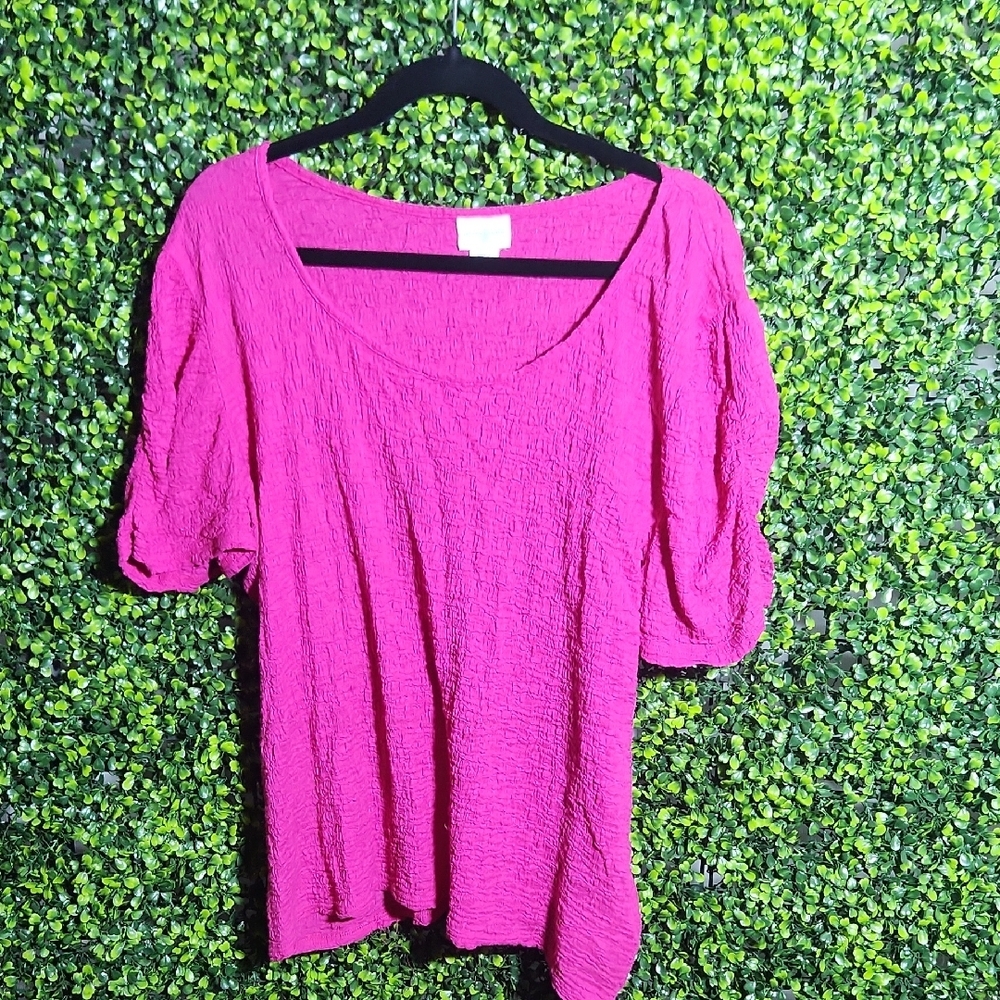 Jaclyn Smith Pink Puff Sleeve Blouse with Relaxed Ruched Style Size XL